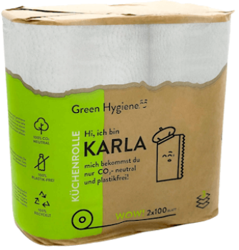 Green Hygiene KARLA Küchenrolle – 3-lagig, 100 Blatt, 100 % Recyclingpapier, hochweiß, CO₂-neutral & plastikfrei – ready4care.de
